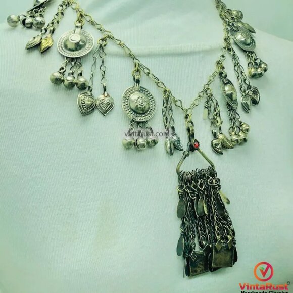 Ethnic Kuchi Tribal Necklace with Bells & Charms, Gypsy Choker Necklace - Picture 3 of 8